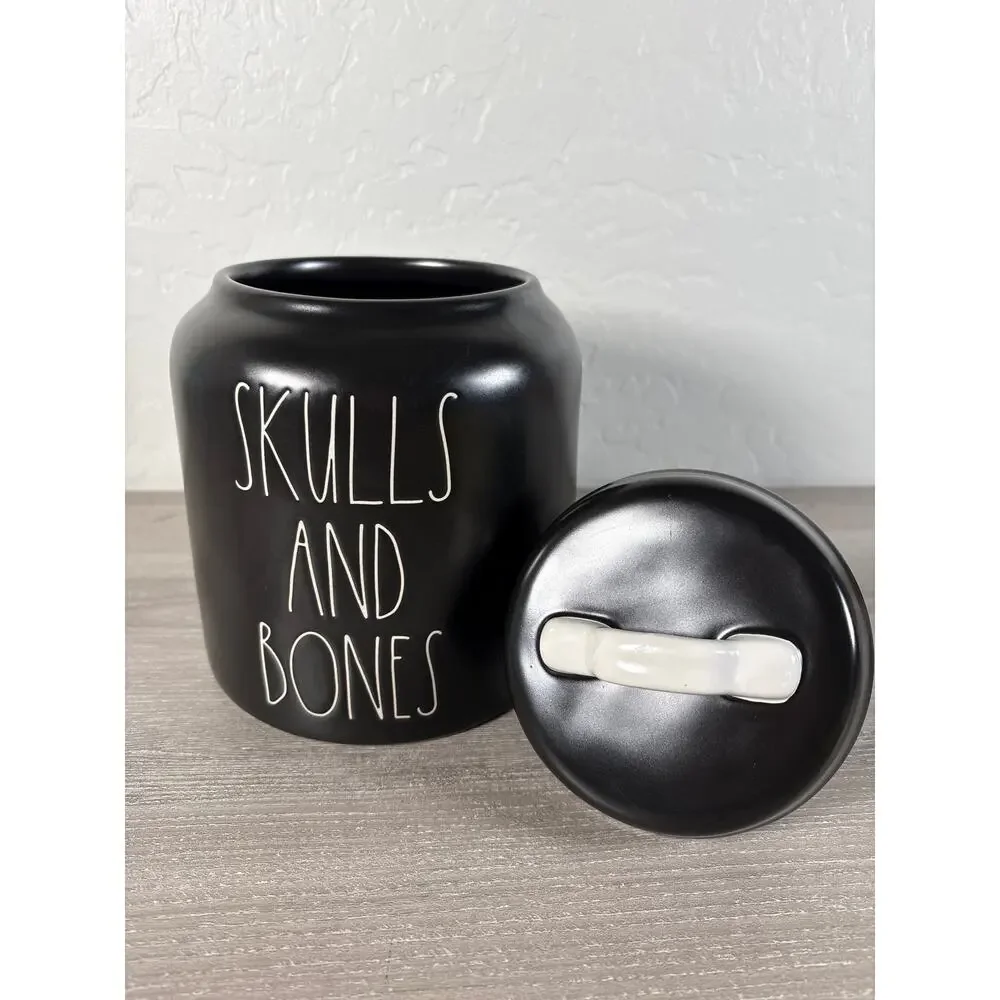 NWOT Rae Dunn LL Artisan Collection Halloween Black‎ “Skulls And Bones” Canister